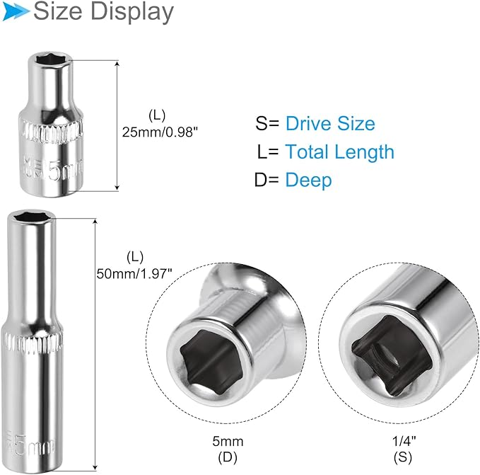 6-Point Socket, 1/4" Drive 5mm Deep, Polished Chromed CR-V Metric Deep and Shallow Impact Socket - (Applications: for Ratchet Torque Electric Wrenches Car Repair), 2-Pieces