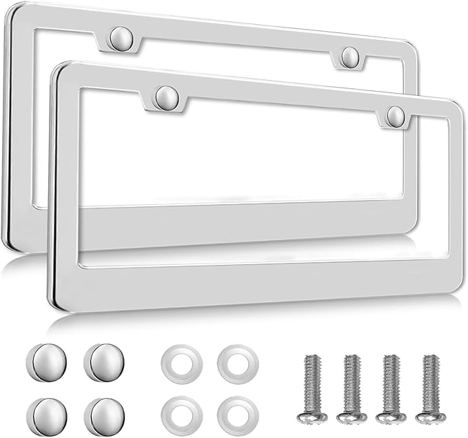 2 Pack Silver License Plate Frames, 2 Holes Rust-Proof Chrome License Plate Holder, Lengnoy Universal Car Stainless Steel Polish Mirror License Plate Cover for Women Man with Screws Caps