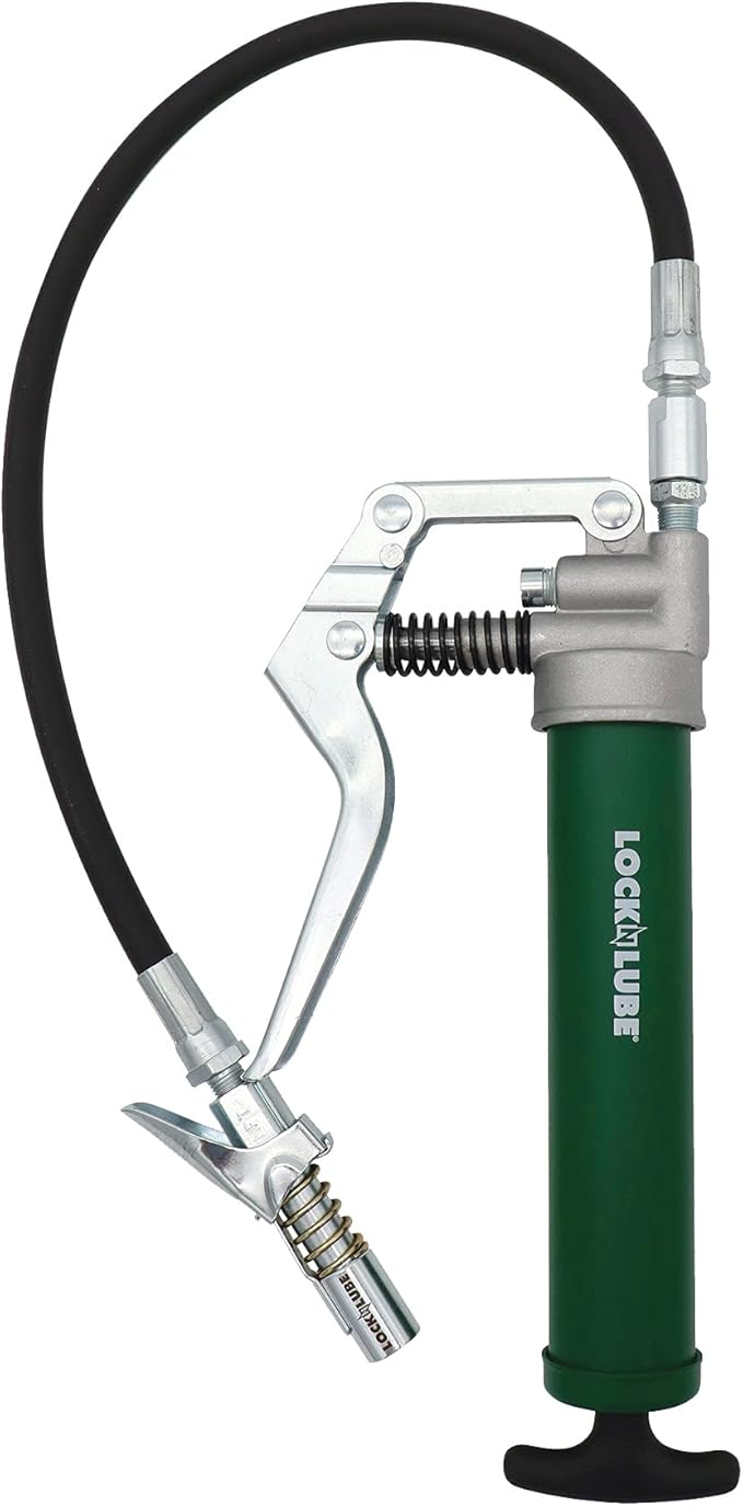 LockNLube Mini Grease Gun Kit. Includes Our Patented Grease Coupler (Locks on, Stays on, Won't Leak!) Plus a 12 Hose and in-line Hose Swivel.