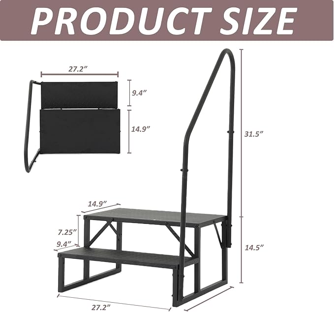 RV Stairs 2 Step, RV Steps with Handrail, Upgrade 3.0 RV Stairs with Platform, 660lbs Anti-slip Step Ladder Hot Tub Step for Indoor Outdoor