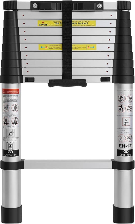 10.5 FT Aluminum Telescoping Ladder, One Button Retraction Extension Ladder, 375 lbs Load Capacity with Non-Slip Wide Feet, Compact Portable for Indoor Outdoor Use, RV, Attic and Roof Use