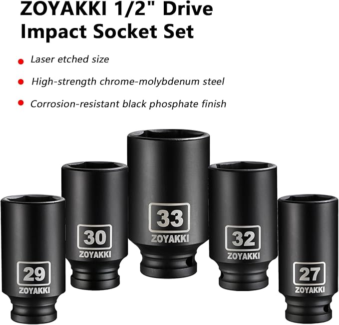 10 PCS 1/2" Drive Impact Lug Nut Socket,Standard Metric Size(21to 44mm),Standard Deep Socket Set CR-MO Material Adapter Setwith Durable Case for lmpact Driver Conversions(Upgraded)