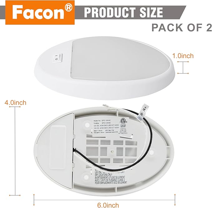 Facon 2-Pack 12V DC RV Ceiling Dome Light with On/Off Switch - 4000K Cool White, Small Oval Pancake RV Puck Light for RVs, Motorhomes, Campers & Boats, ETL Listed