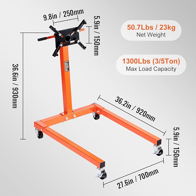VEVOR Engine Stand, 1300 lbs (3/5 Ton) Rotating Engine Motor Stand with 360 Degree Adjustable Head, Cast Iron Motor Hoist Dolly, 4-Caster, 4 Adjustable Arms, for Vehicle Maintenance, Auto Repair