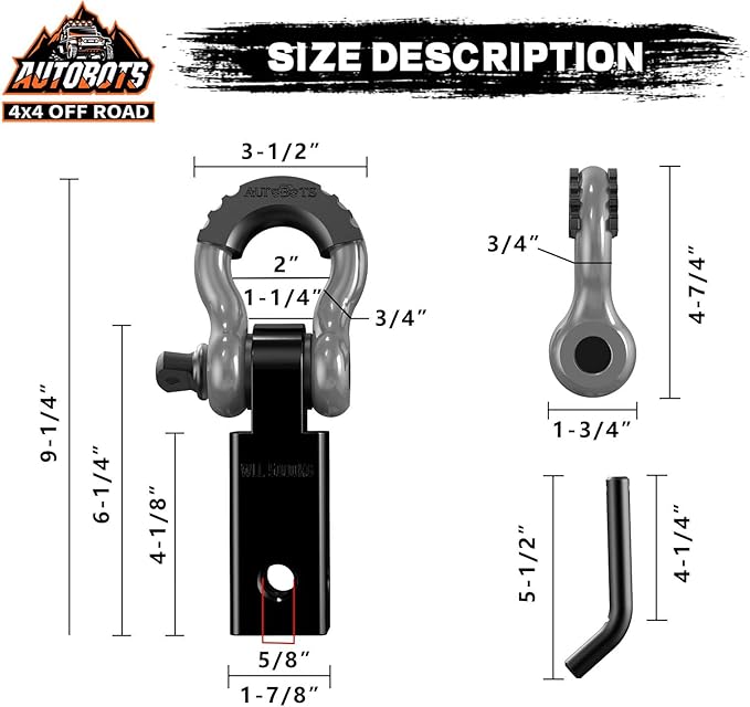AUTOBOTS Tow Hitch Receiver 2", 45,000 Lbs Break Strength Shackle Hitch Receiver with 5/8" Screw Pin, 3/4 Shackle, Towing Accessories for Vehicle Trailer Recovery Off-Road 2R-Gray-Black-1