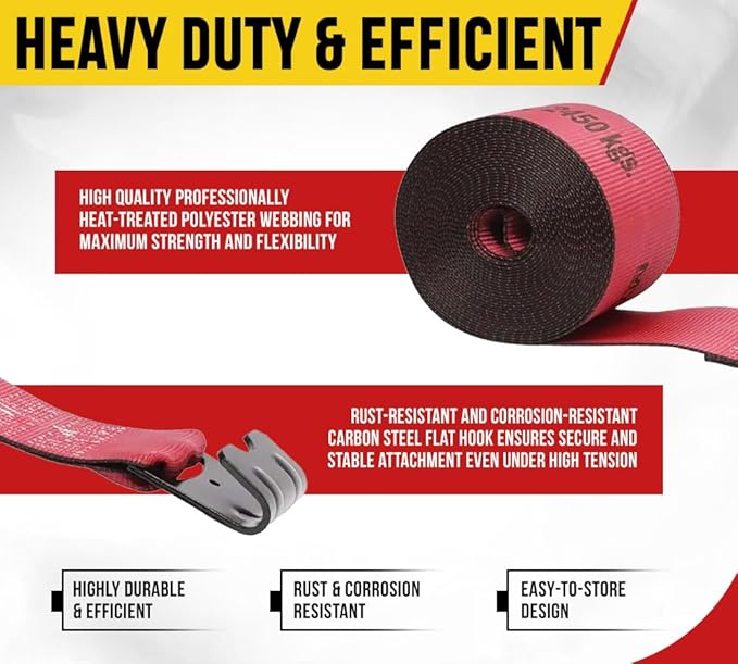 Mytee Products Kinedyne Winch Straps 4" x 30" Red Heavy Duty Tie Down with Flat Hooks WLL# 5400 lbs | 4 Inch Cargo Control for Flatbed Truck Utility Trailer (10 Pack)