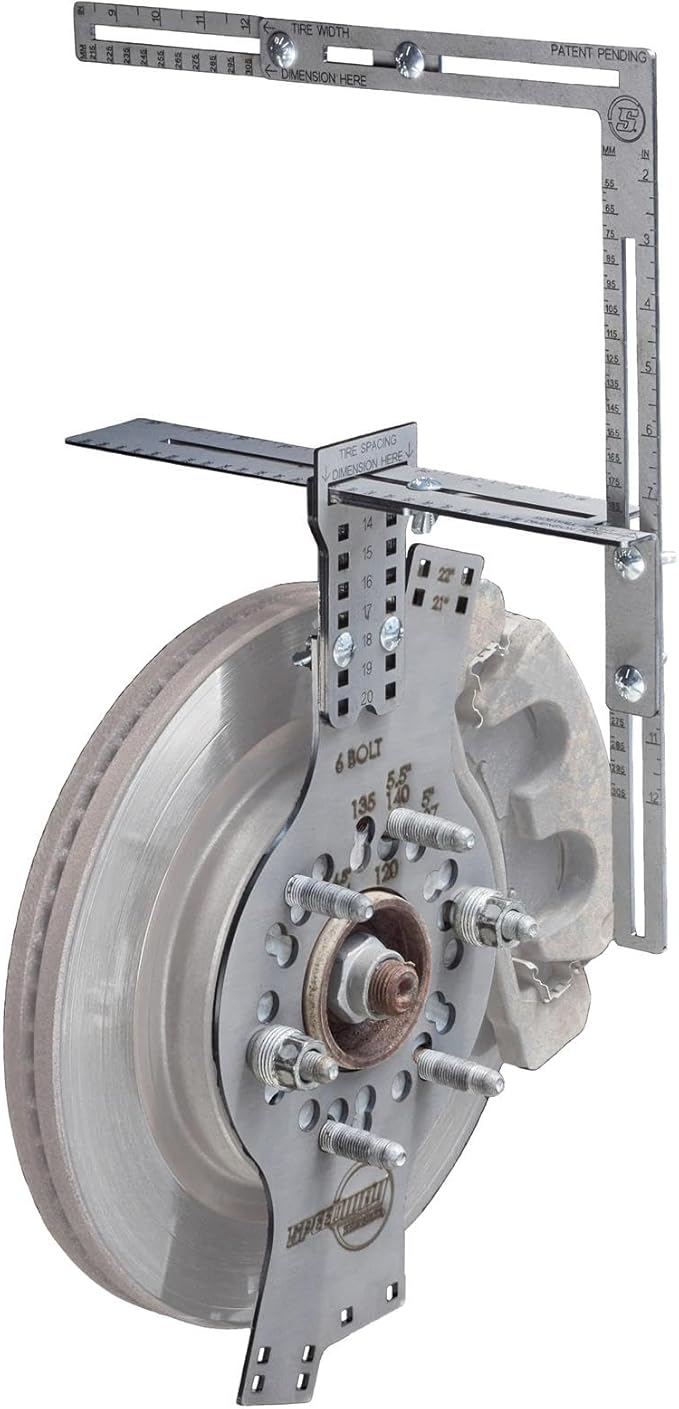 Speedway Motors WheelWise™ 6-Lug Wheel Fitment Tool with Tire Size Attachment, Simulates 14-22 Inch Rim Diameter, 8-14 Inch Tire Width, 2.5-11.5 Inch Sidewall, Laser Cut Steel