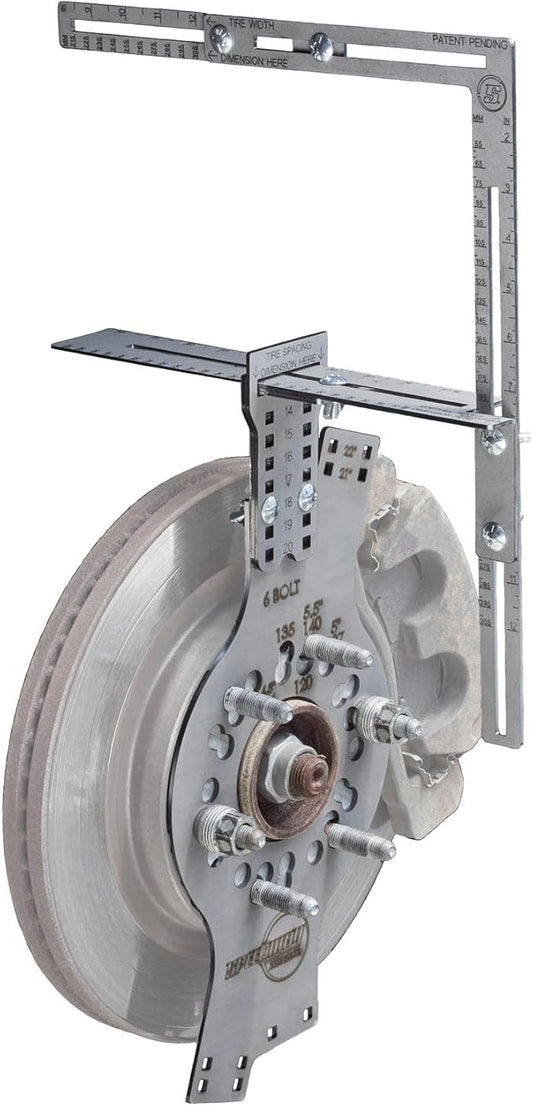 Speedway Motors WheelWise™ 6-Lug Wheel Fitment Tool with Tire Size Attachment, Simulates 14-22 Inch Rim Diameter, 8-14 Inch Tire Width, 2.5-11.5 Inch Sidewall, Laser Cut Steel
