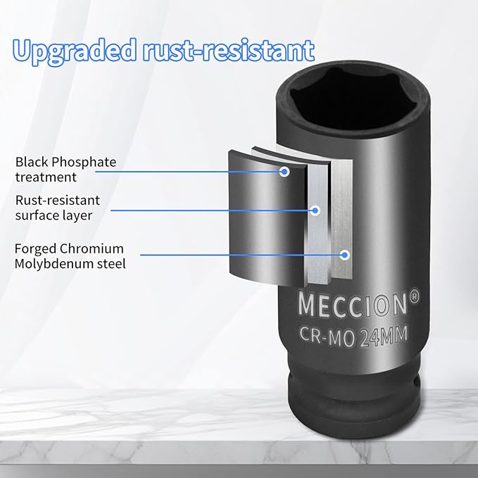 Meccion 1/2 Inch Drive Impact Socket 33mm Metric, 6 Point Cr-Mo Deep Impact Socket, 78mm Length