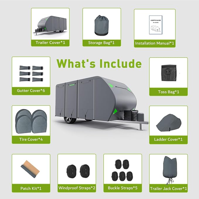 Utility 22-24 ft Travel Trailer Cover - Rip-Stop 6 Layers, Waterproof Windproof Anti-UV, Includes Rv Jack & 4 Tire Covers - Gray