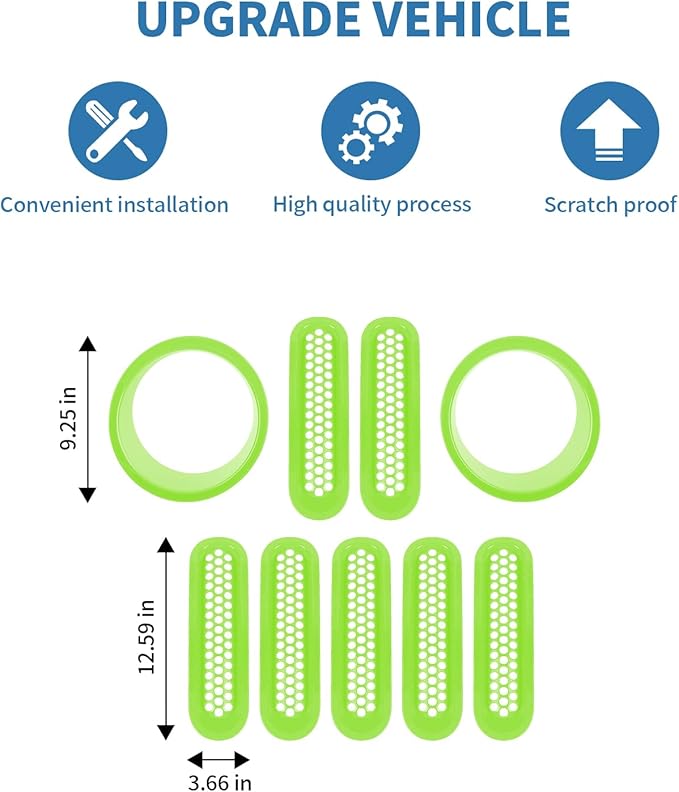 for Jeep JK Front Grille Inserts & Headlight Cover Trim Ring for Jeep Wrangler JK JKU 2007-2017 Green Exterior Accessories 9pcs