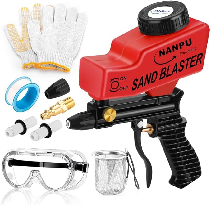 NANPU Light-Duty Air Sandblaster Gun Kit with Gravity Feed, Ceramic Nozzle, Metal Body, for Small Project Surface Prep, Paint & Rust Removal, Metal/Wood/Glass Etching, Requires Air Compressor