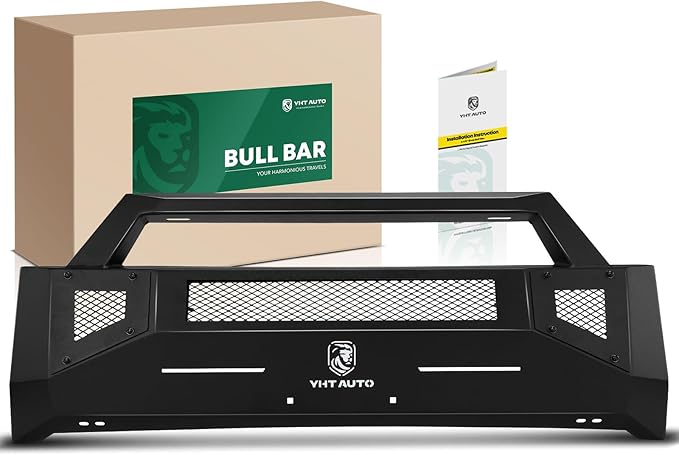 YHTAUTO Bull Bar Push Bar with Skid Plate Light Mount Fit Toyota Tundra 2014-2021, Heavy Duty Steel Brush Guard for Truck Front Bumper w/o Winch Frame Textured Black Off Road Accessories