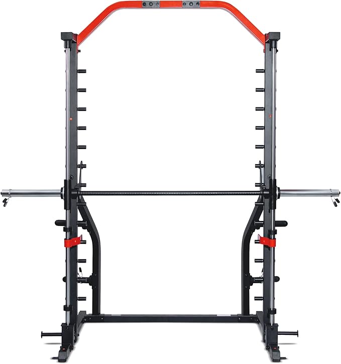 Sunny Health & Fitness Premium Smith Machine & Squat Cage Rack, Pull-Up Bar, Spotter Blocks for Weightlifting & Bench Press for Home Gym Strength Training