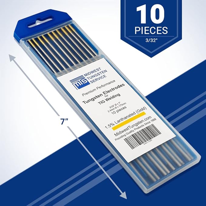 Midwest Tungsten Service TIG Welding Tungsten Electrodes 10-Pack (Gold - 1.5% Lanthanated Tungsten (WL15/EWLa-1.5), 3/32")