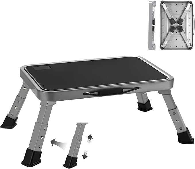 RV Step Stool Foldable Adjustable Height Sturdy Metal Stable Step Ladder with a Non-Slip Platform Camper Step Stool with Non-Slip Rubber Feet, Easy to Carry (3-Level)