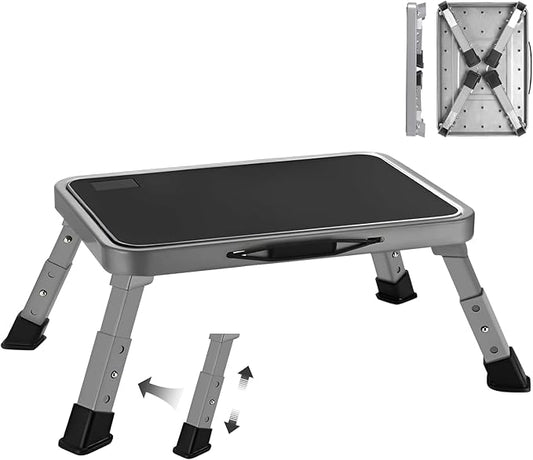 RV Step Stool Foldable Adjustable Height Sturdy Metal Stable Step Ladder with a Non-Slip Platform Camper Step Stool with Non-Slip Rubber Feet, Easy to Carry (3-Level)