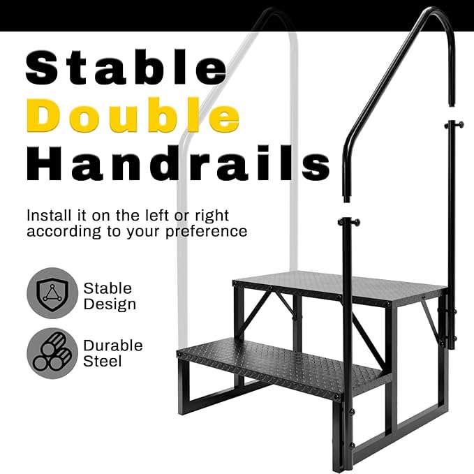 RV Steps with Handrails, 2 Step RV Stairs 660 lbs Load Capacity, Step Ladder with Anti-Slip Panel, Mobile Home Stairs for Travel Trailers