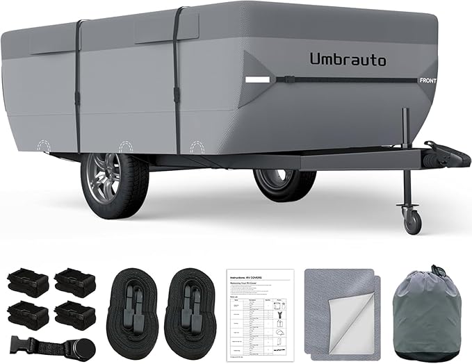 Umbrauto Pop Up Camper Cover Fits 19-20ft, 7 Layers Top Tent Trailer Cover Waterproof Extra Thick Polypropylene Breathable Ripstop Pop Up Folding RV Cover Trailers