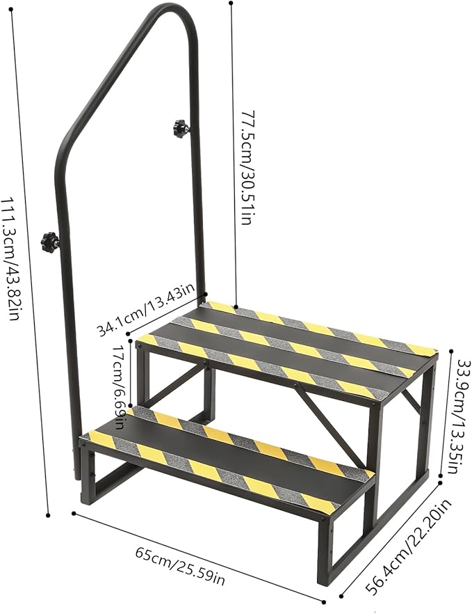 RV Steps with handrail, 2 Steps Mobile Home Stairs Steps Outdoor, Hot tub Steps with handrail & Reflective Strips. Portable Stairs for Travel Trailer, Motor Home (Matt Black)