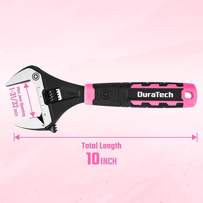 DURATECH 10-Inch Adjustable Wrench, Wide Jaw Opening Plumbing Wrench, CR-V Steel, SAE and Metric Scale Marked, Ergonomic Grip
