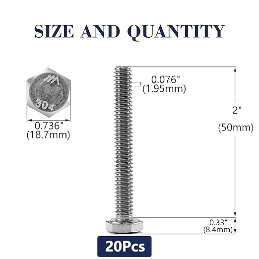 1/2-13 x 2 Hex Head Screw Bolt, 20Pcs 18-8 (304) Stainless Steel, Fully Threaded, Plain Finish, by SG TZH