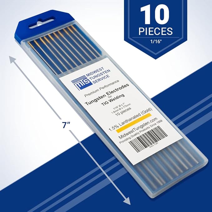 Midwest Tungsten Service TIG Welding Tungsten Electrodes 10-Pack (Gold - 1.5% Lanthanated Tungsten (WL15/EWLa-1.5), 1/16")