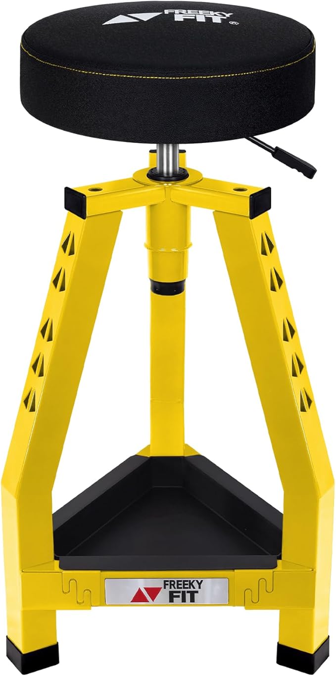 Adjustable Tall Shop Stool, Mechanic Garage Bar Stool Chair, Work Metal Chair for Workshop,360° Swivel Padded Seat, Tool Tray Storage, 350 LBS Capacity, Heavy Duty, Yellow