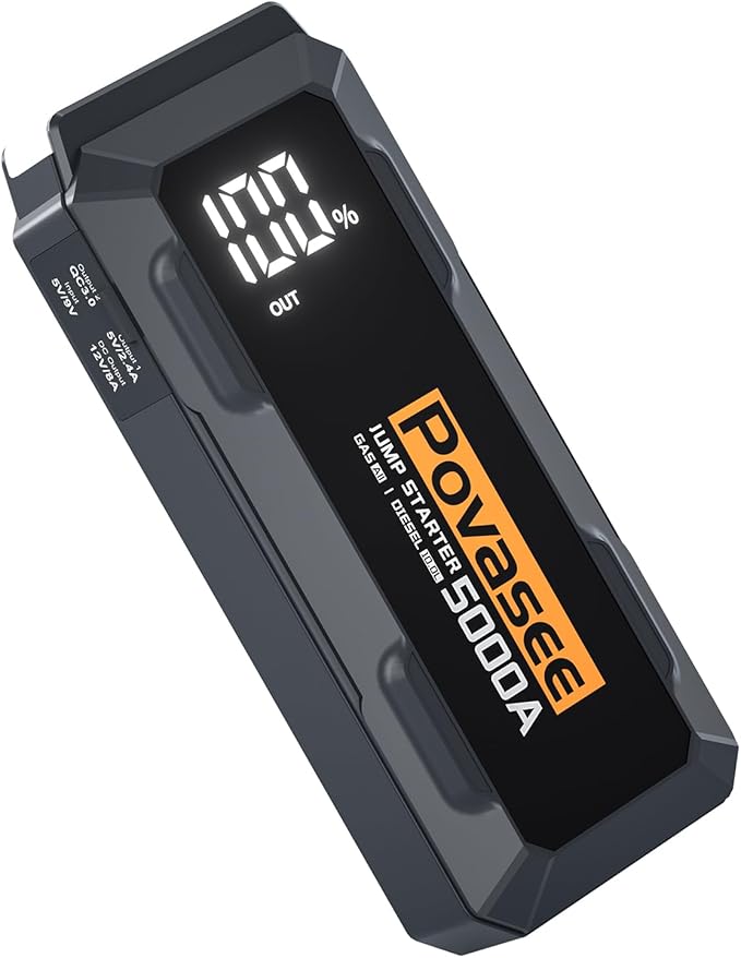 Povasee Car Battery Jump Starter 5000A Jump Box (All Gas/10L Diesel) Portable Car Jump Starter Battery Pack, 12V Jumper Starter Portable 3" LCD Display/Power Bank/Dual Output/LED Light DC