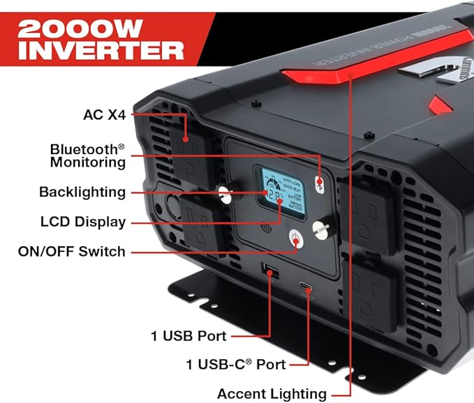 Cummins 2000 Watts Inverter Modified Sine Wave Truck Inverter 12 Volts to 110 Volts Four AC Outlets Two USB Ports (Plus Full Cable Kit) - CMN2000W - Inverters for Vehicles, Van Life, Camping
