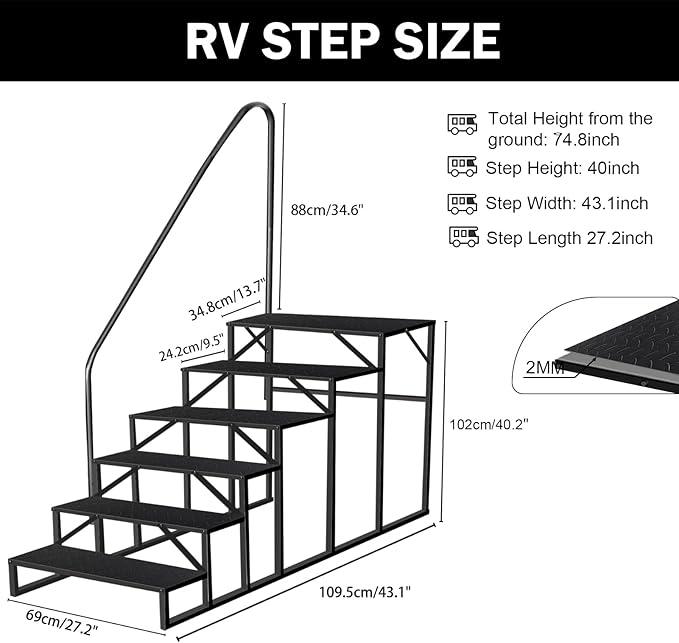 RV Steps with Handrail, 6 Step RV Stairs 660 lbs Load Capacity, Step Ladder with Anti-Slip Panel, Mobile Home Stairs for Travel Trailers Black