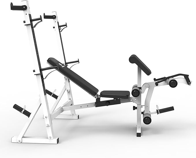 Marcy Olympic Workout Bench for Home Gym Strength Training Equipment with Preacher Curl Pad and Weight Rack Storage, White/Black