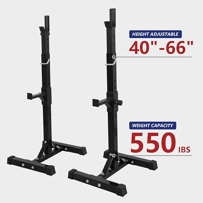 JupiterForce Adjustable Squat Rack Stands Pair of Sturdy Steel Bench Press Rack, Barbell Rack, 40''-66'' 550lbs Max Load Portable Weight Lifting Dumbbell Racks Stands for Home Gym, Black