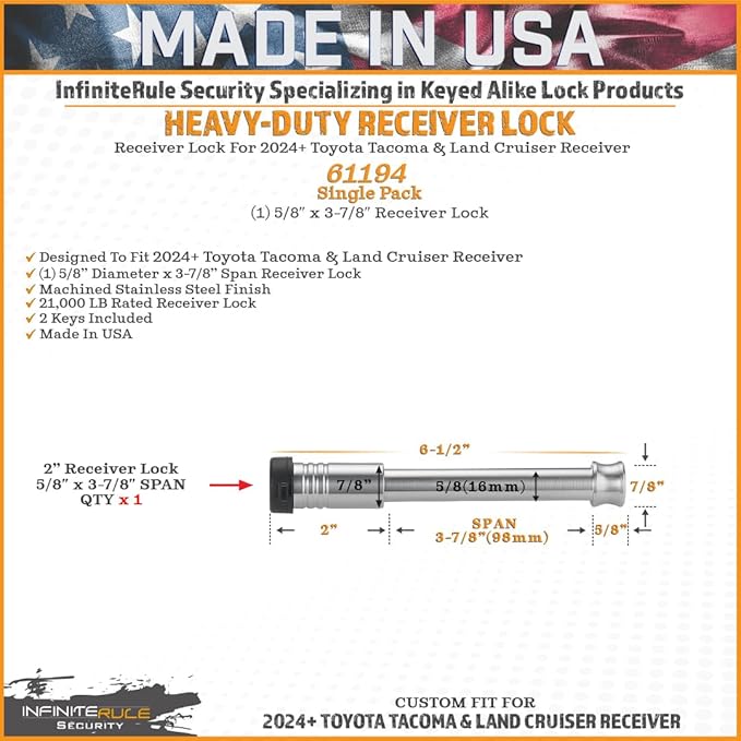 61194 | Single Pack, Receiver Lock for 2024+ Toyota Tacoma & Land Cruiser