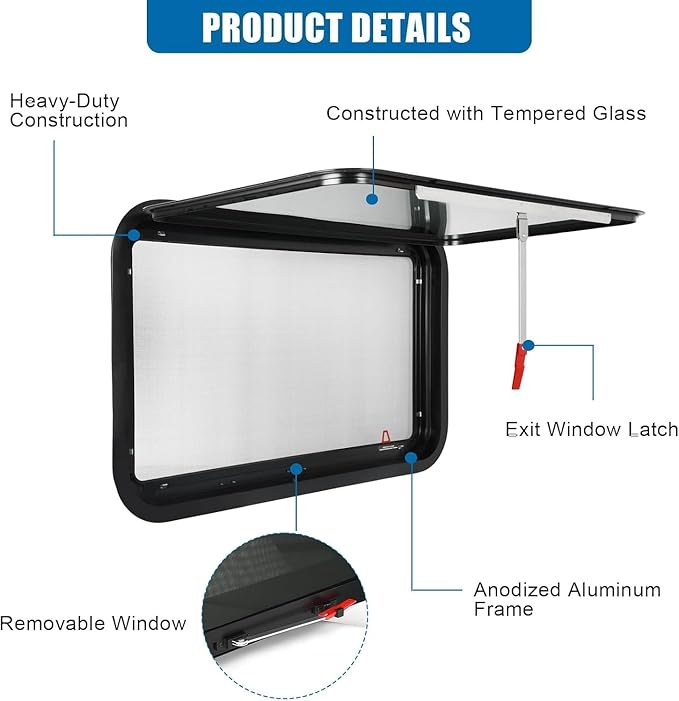 RV Exit Window, 30" W x 22" H Tinted RV Window with Net Screen and Trim Ring, Suitable for 1-1/2" or 2" Walls, DOT Approved