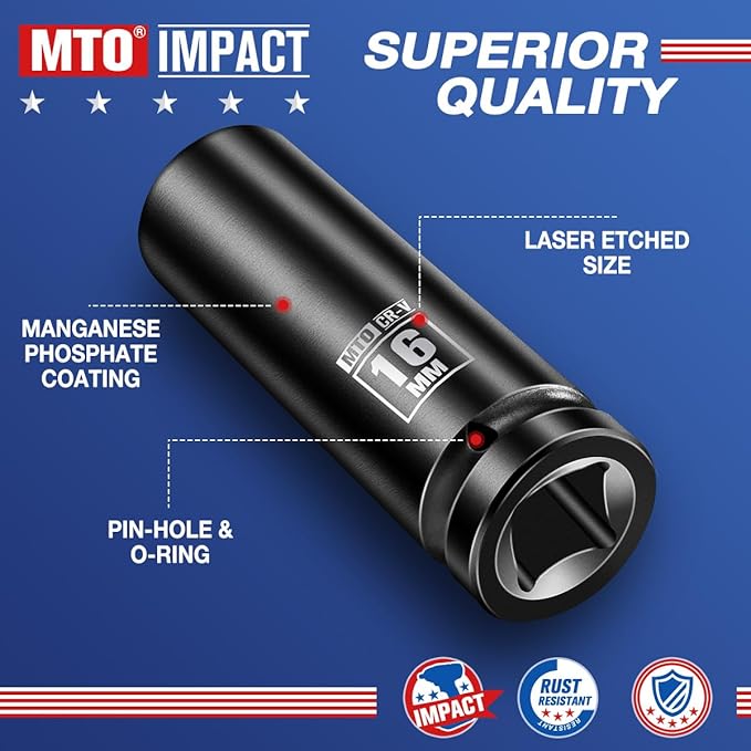 MTO 1/2" Drive 16mm Deep Impact Socket, 6-Point Metric Socket for Automotive Maintaince, CR-V Steel Meets ANSI Standards