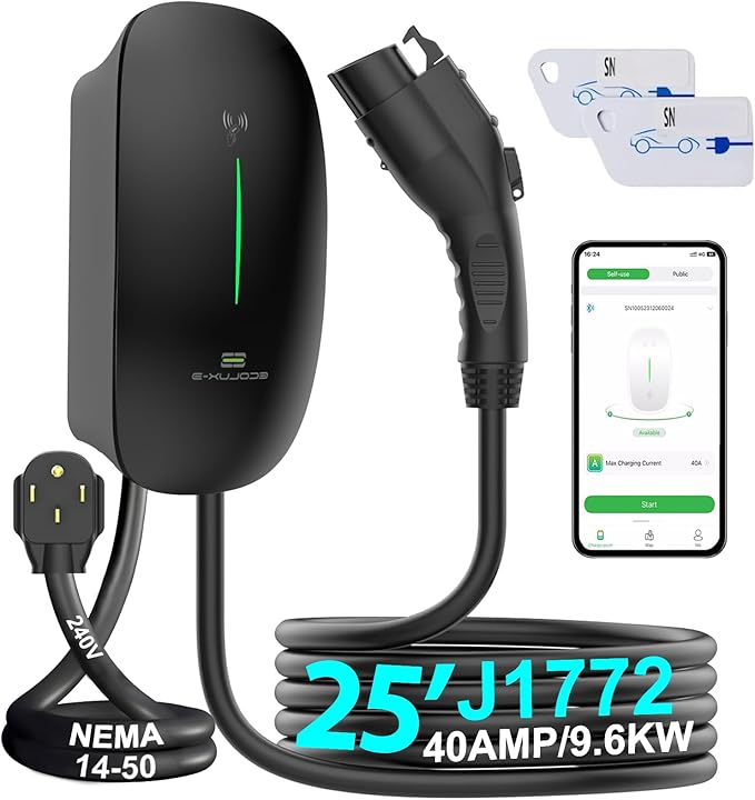 Level 2 EV Charger 40Amp - 9.6 KW 240V Home EV Charger, NEMA 14-50 Plug, Fast Car Charging Station J1772 25ft Cable UL FCC&Energy Star Certified, Smart Electric Vehicle Charging Stations