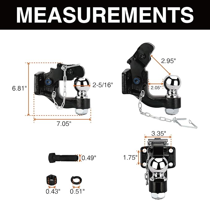 Pintle Hook Pintle Hitches Receiver Hook 10 TON Combination Hitch Ball 2-5/16” Fits Hitch Hook Military Receiver 12000 lbs
