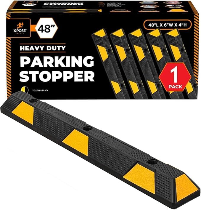 Xpose Safety 48" Heavy Duty Rubber Parking Stopper – 1 Pack Wheel Blocks for Garage, Driveway, or Ramp – Car Bumper Stop with Yellow Reflective Strips – Removable Floor Mount
