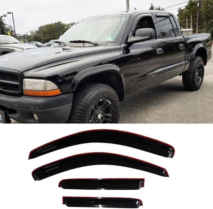 94853 Side Window Wind Deflector,4pcs in-Channel Style Tape-On Nice Sun Rain Guards Set,Window Visor fit for 2000-2004 Dodge Dakota Quad Cab (Crew Cab)