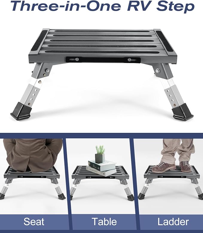 XINQIAO Foldable RV Step Stool with Rubber Feet, 4 Adjustable Heights Portable Heavy Duty Aluminum Folding Step for RV Entry, Trailer, Camper, Fishing and Outdoors