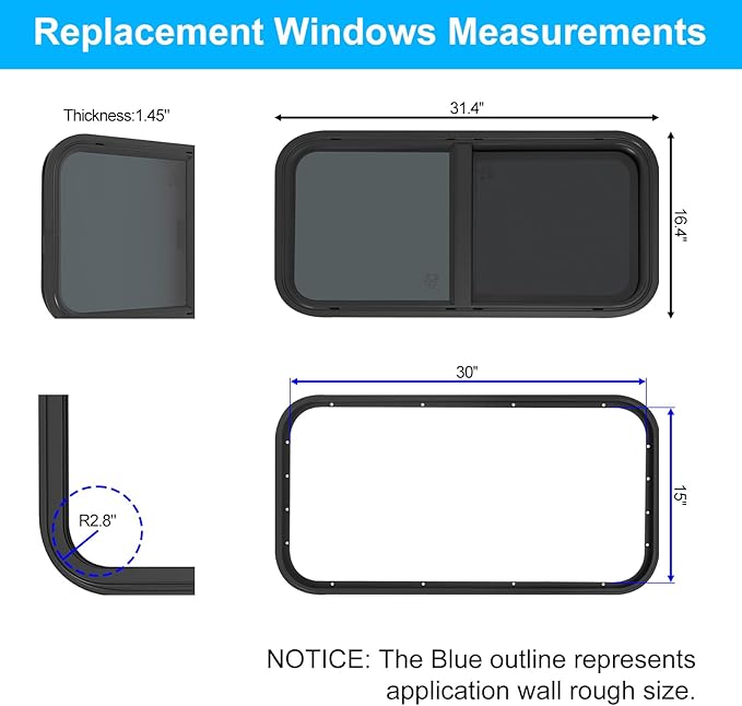 30" W x 15" H RV Window Horizontal Sliding, DOT Certified - Shatterproof Tempered Tinted Glass, with Net Screen and Trim Ring, Teardrop Replacement Trailer Camper Window