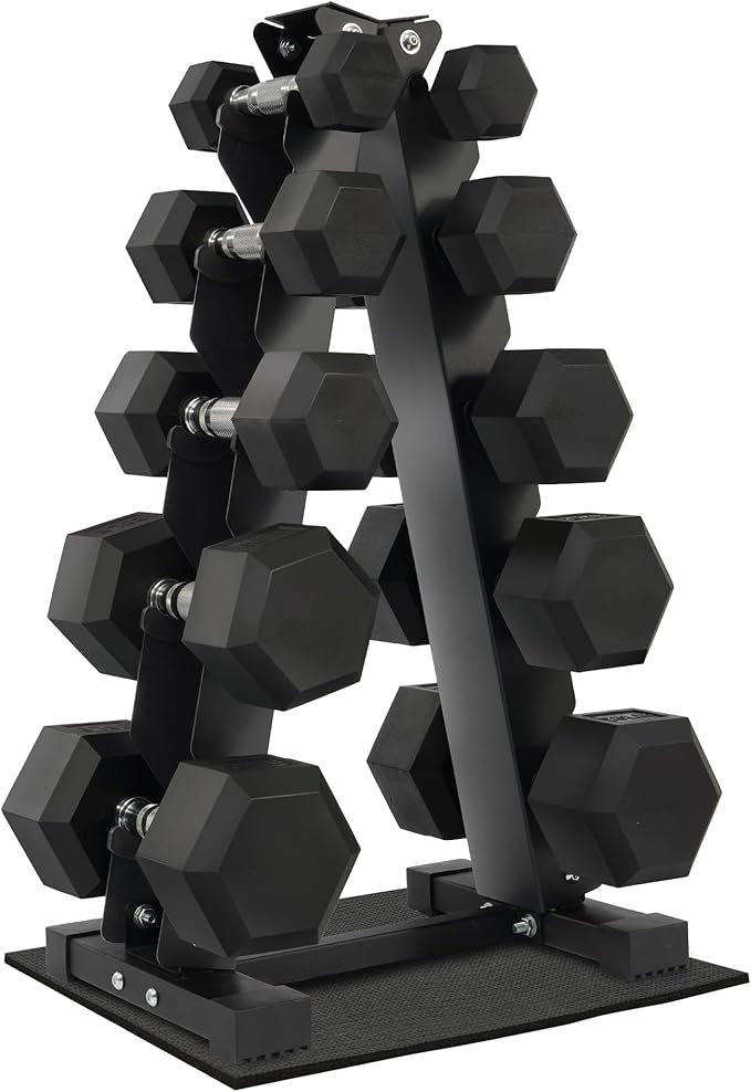 Rubber Encased Hex Dumbbell Set with Rack, 5-20LB or 5-25LB Hand Weights with Anti-Slip Grip for Exercise & Fitness, Dumbbell Weights Set for Home Gym, 100LB or 150LB Set Options