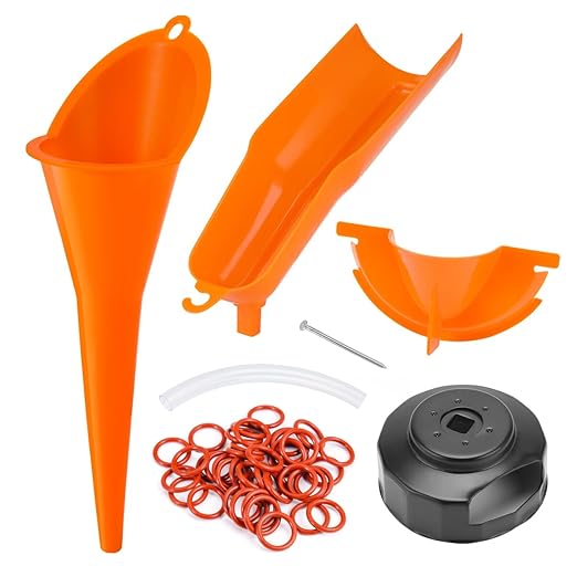 Oil Filter Cap Wrench Oil Change Kit: Crankcase Fill Funnel, Primary Case& Drip-Free Oil Filter Funnel+ 50Pcs Fluorine Rubber O-Ring Primary Drain Plugs fit for Harley Sporster Dyna