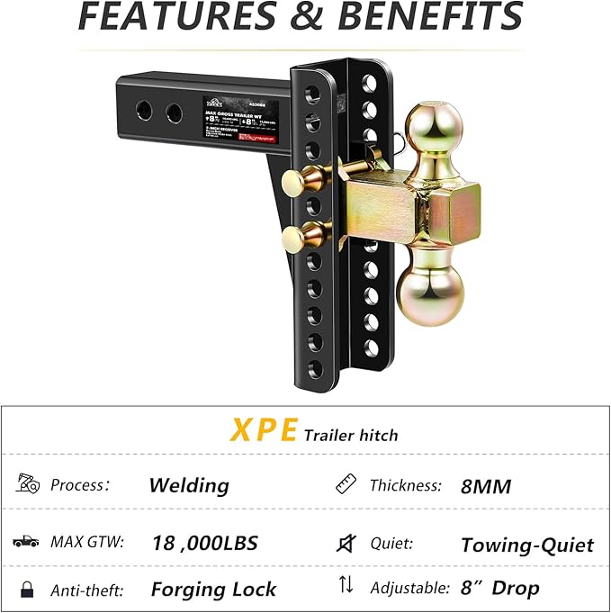 Adjustable Trailer Hitch, Fits 2.0-Inch Receiver, 8-Inch Drop/Rise,2" & 2-5/16" Ball Hitches for Trucks, 18,000 LBS GTW - Receiver Hitch with Anti-Theft Pin, Solid Ball Mount, BLK,X-452008