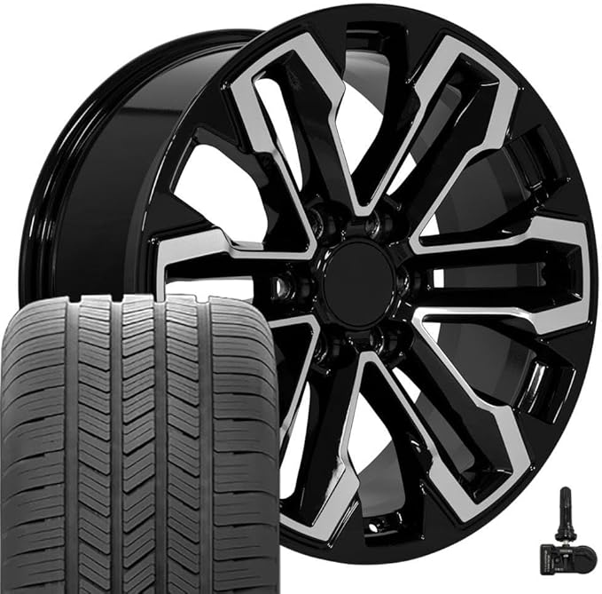 OE Wheels CV69 20 Inch Rims and Tires Fit Silverado 1500 Style 6x139.7 20x9 Gloss Black Machined - Hollander 5905 - Eagle LS2 275/55-20 (Set of 4)