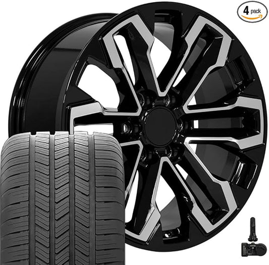 OE Wheels CV69 20 Inch Rims and Tires Fit Silverado 1500 Style 6x139.7 20x9 Gloss Black Machined - Hollander 5905 - Eagle LS2 275/55-20 (Set of 4)