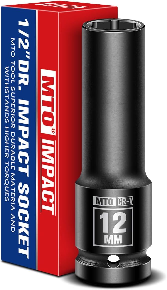 MTO 1/2" Drive 12mm Deep Impact Socket, 6-Point Metric Socket for Automotive Maintaince, CR-V Steel Meets ANSI Standards