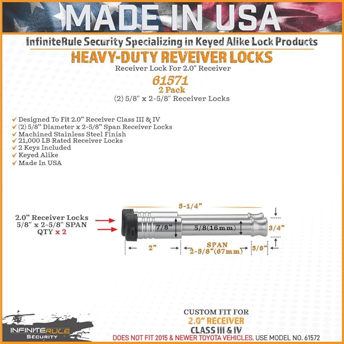 61571 | 2 Pack, Keyed Alike, Receiver Locks for 2" Receiver - Class III & IV