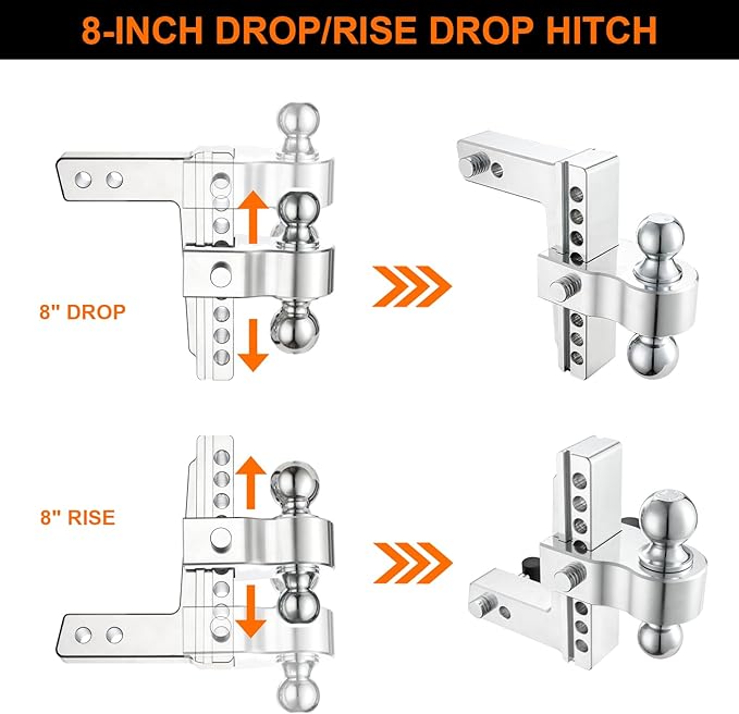 Adjustable Trailer Hitch, 8-Inch Drop/Rise Aluminum Shank – Fits 2" Receiver, 12,500 LBS GTW, Heavy Duty Drop Hitch with 3 Anti-Rattle Pads & 2 Locking Hitch Pin for Trucks
